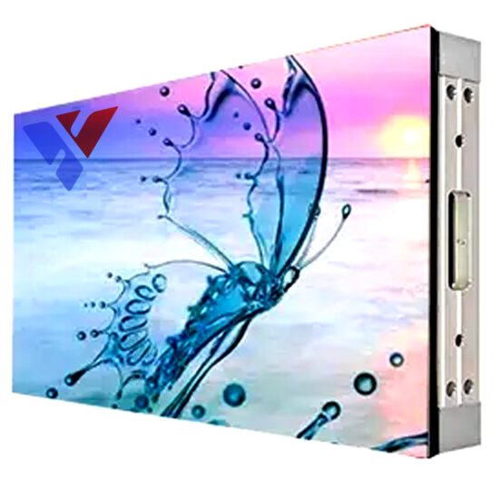 Indoor LED display showing an artistic butterfly graphic made of water, set against a sunset sky—ideal for high-impact branding in retail or event settings.