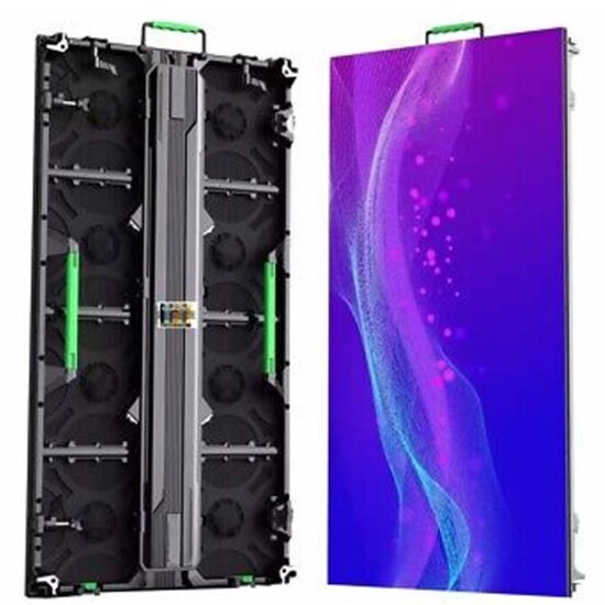 Dual-view of LED display panel showing vibrant purple-blue visuals on the front and cooling system details on the back—Vertx Pro signage technology UAE.