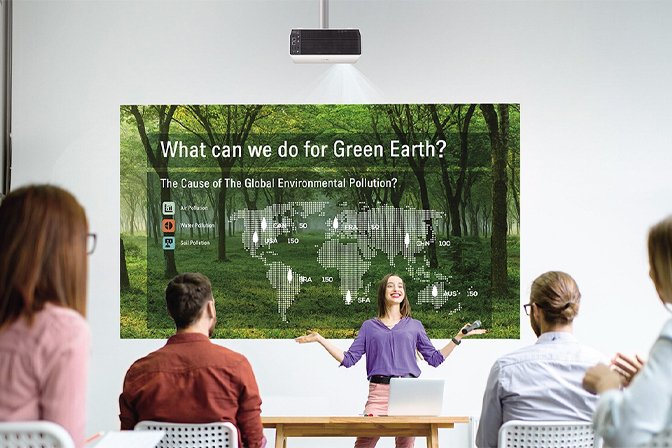 Vertx-branded display screen showing a global visual with air pollution data, used in environmental presentations for schools, offices, or awareness campaigns